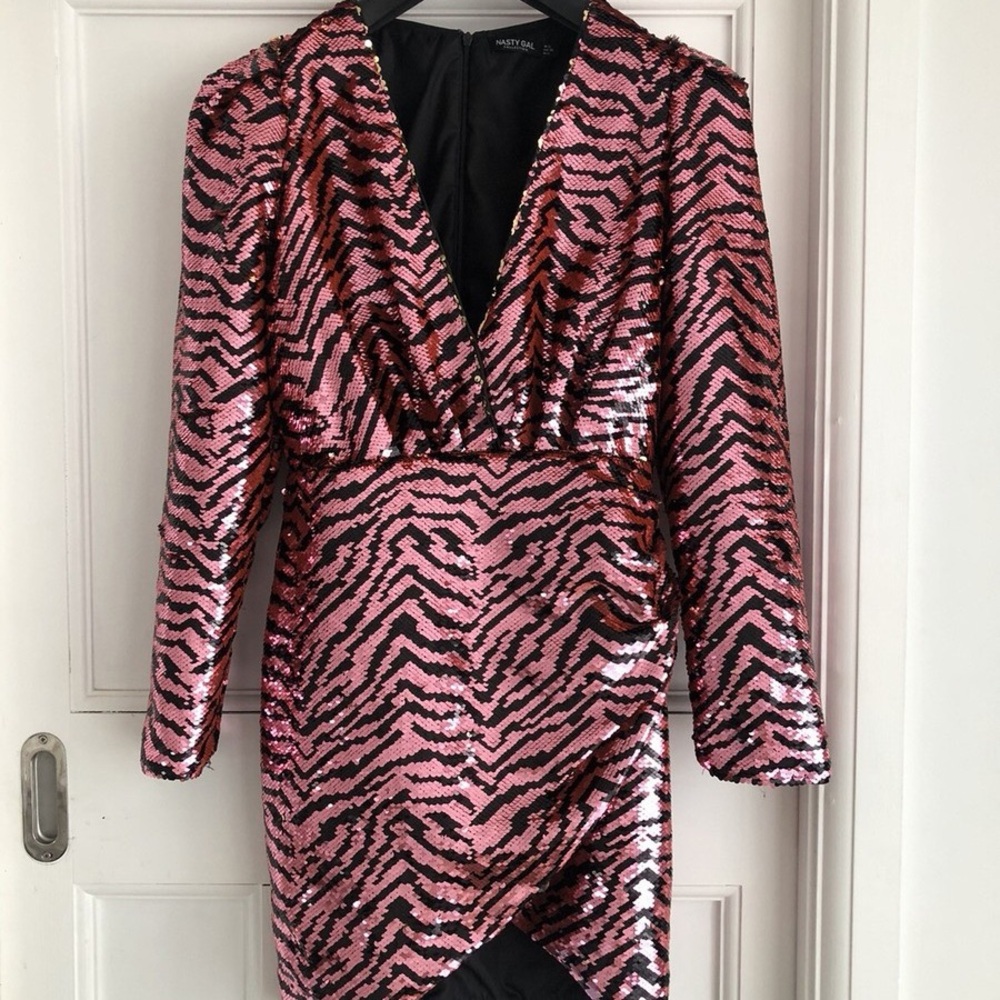 Nasty Gal Pink and Black Sequin Long Sleeve Wrap Dress
